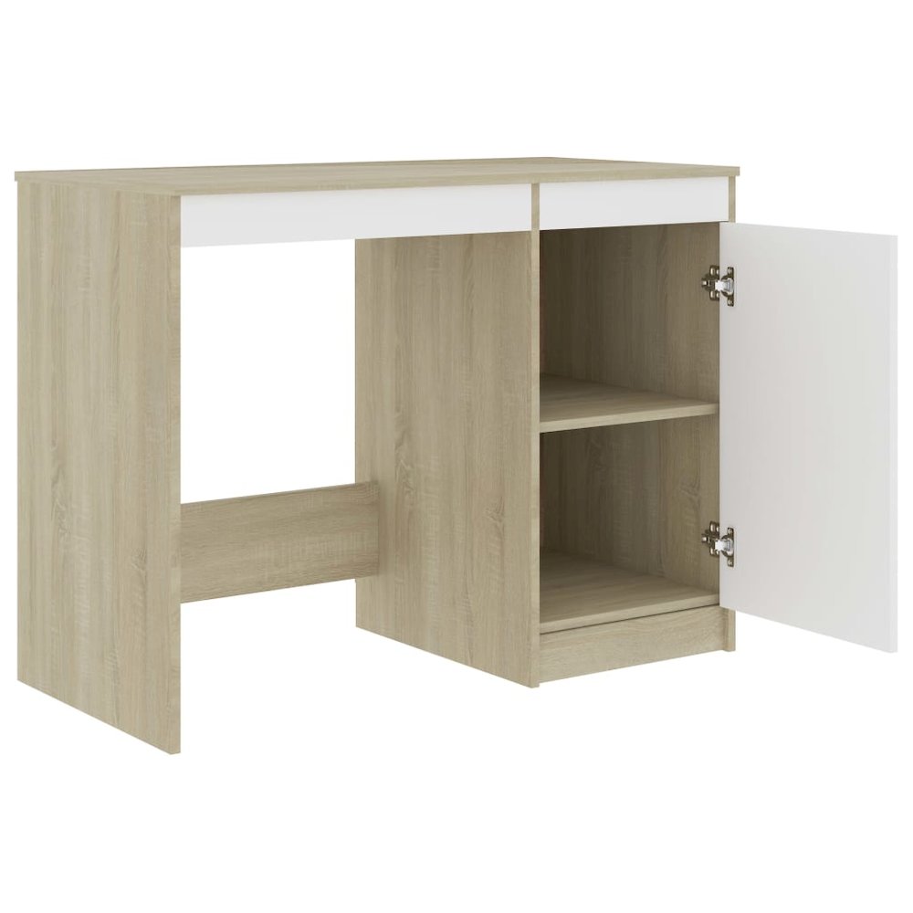 Desk White and Sonoma Oak Engineered Wood Medium Computer Desk - vidaXL