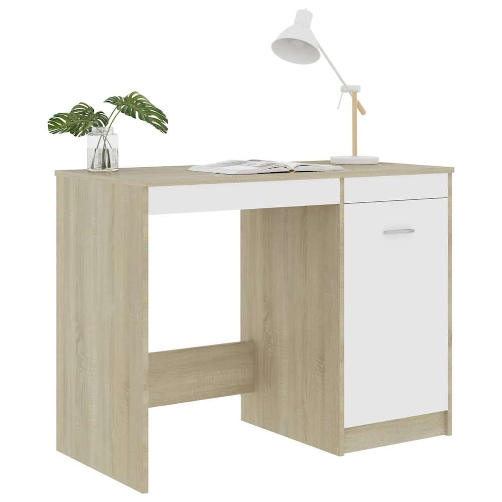 Desk White and Sonoma Oak Engineered Wood Medium Computer Desk - vidaXL