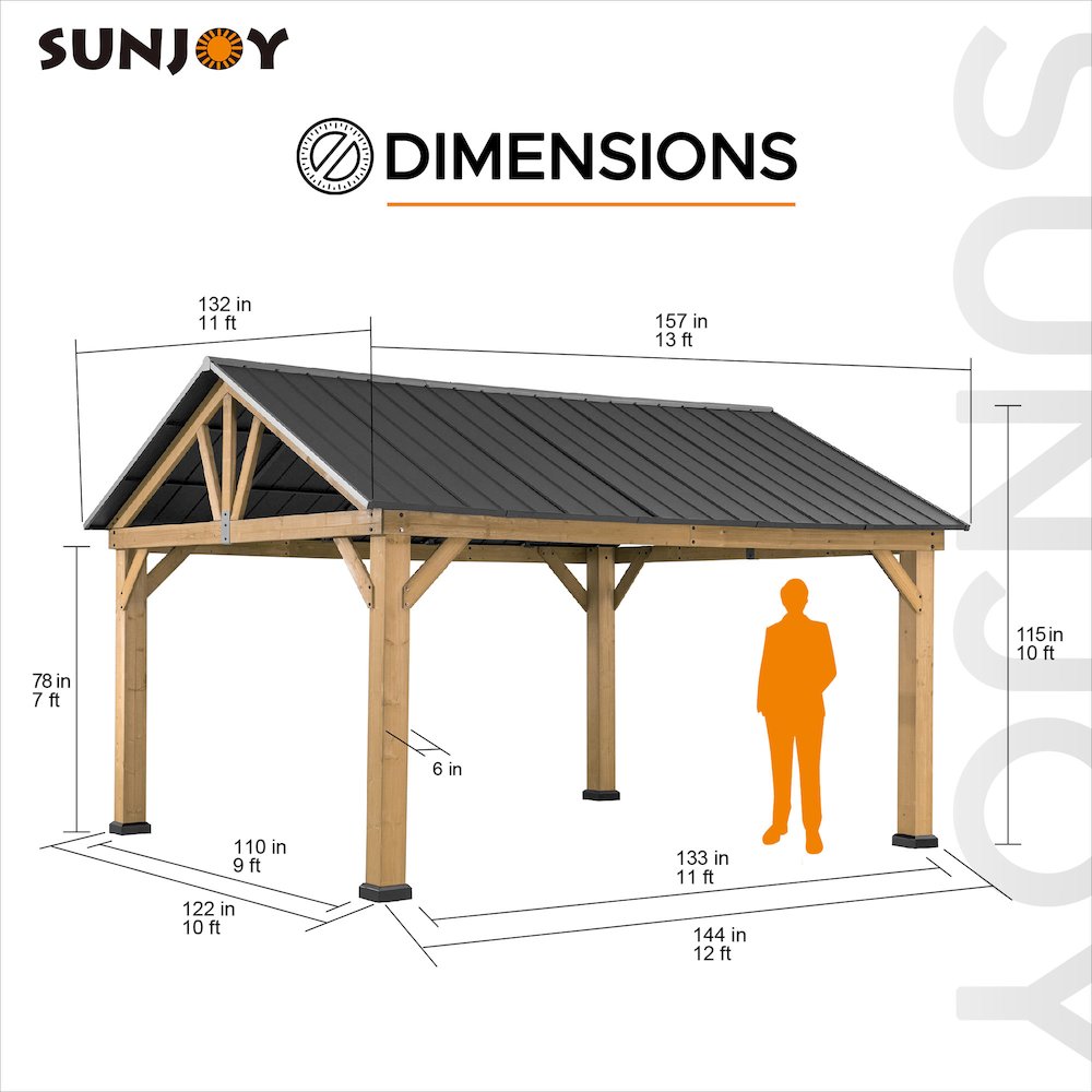 Sunjoy 11 ft. x 13 ft. Cedar Framed Gazebo with Matte-Black Steel Gable Hardtop Roof