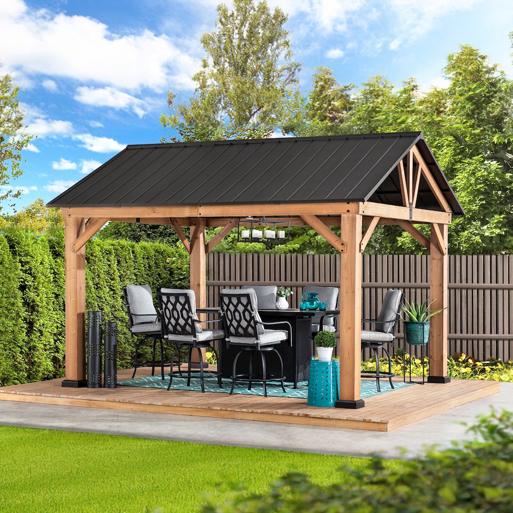 Sunjoy 11 ft. x 13 ft. Cedar Framed Gazebo with Matte-Black Steel Gable Hardtop Roof