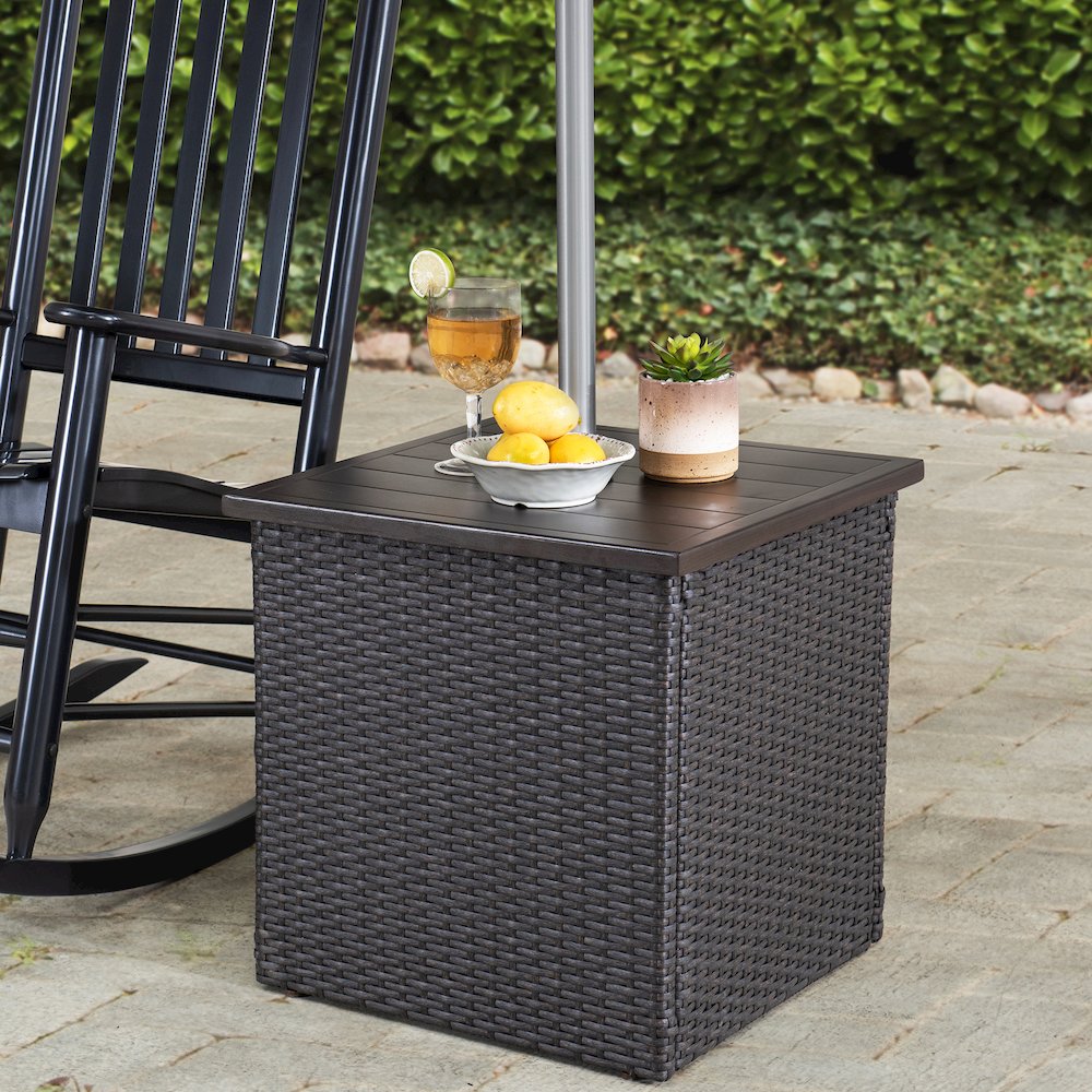 Brown Wicker Side Table with Umbrella Stand for Outdoor Seating - Sunjoy