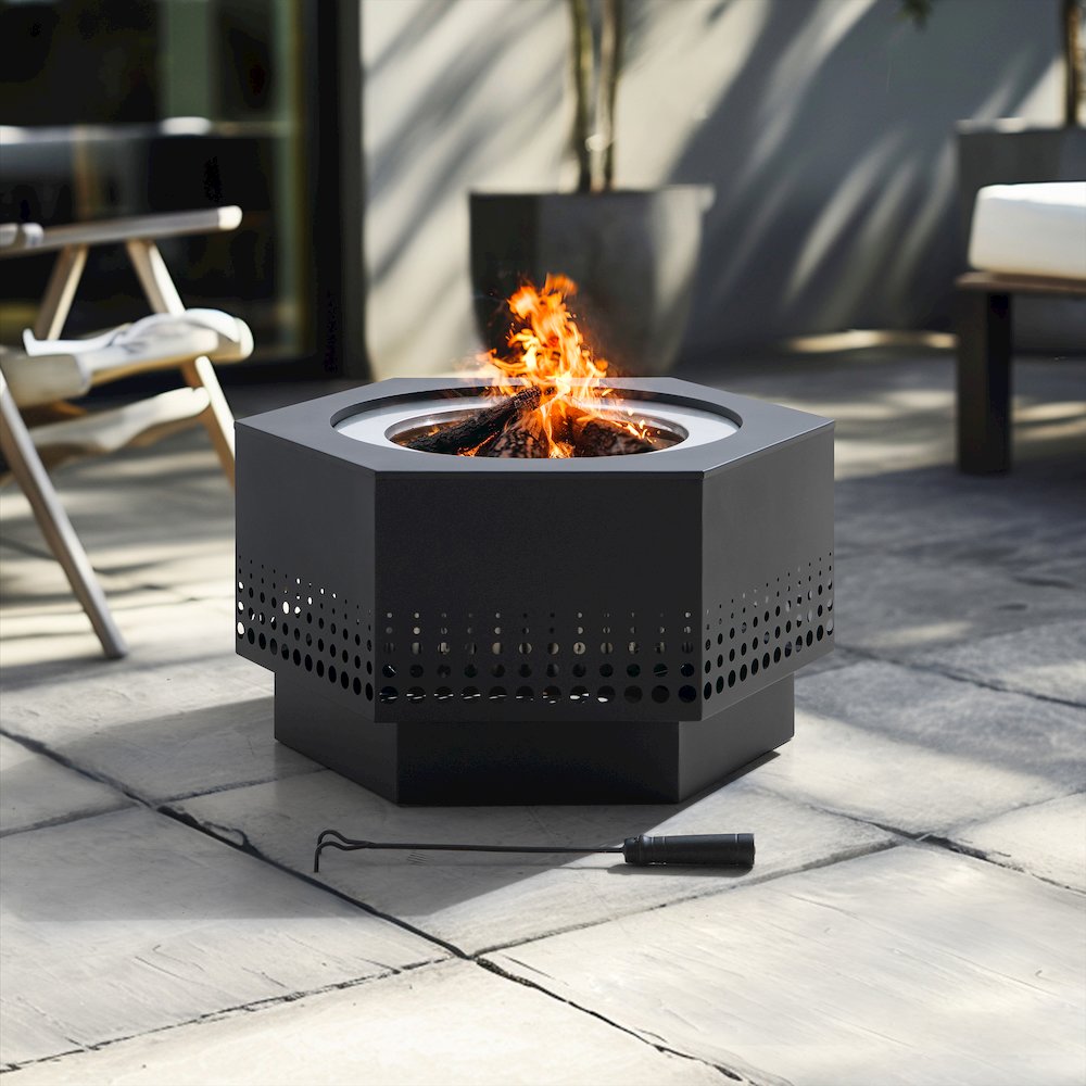 Lawrence 28. Black Steel Wood Burning Outdoor Smokeless Fire Pit with PVC Cover - Sunjoy