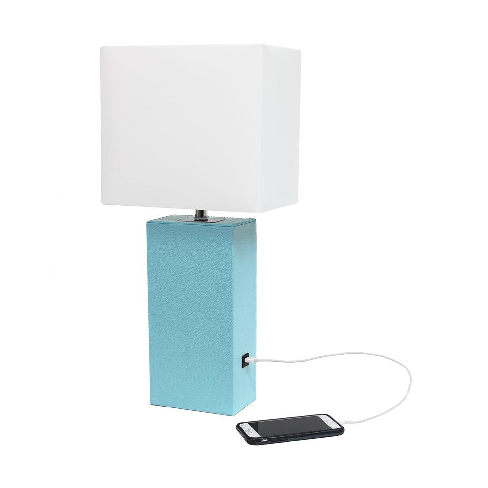 Modern Leather Table Lamp with USB and White Fabric Shade, Aqua - Elegant Designs