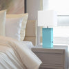 Modern Leather Table Lamp with USB and White Fabric Shade, Aqua - Elegant Designs