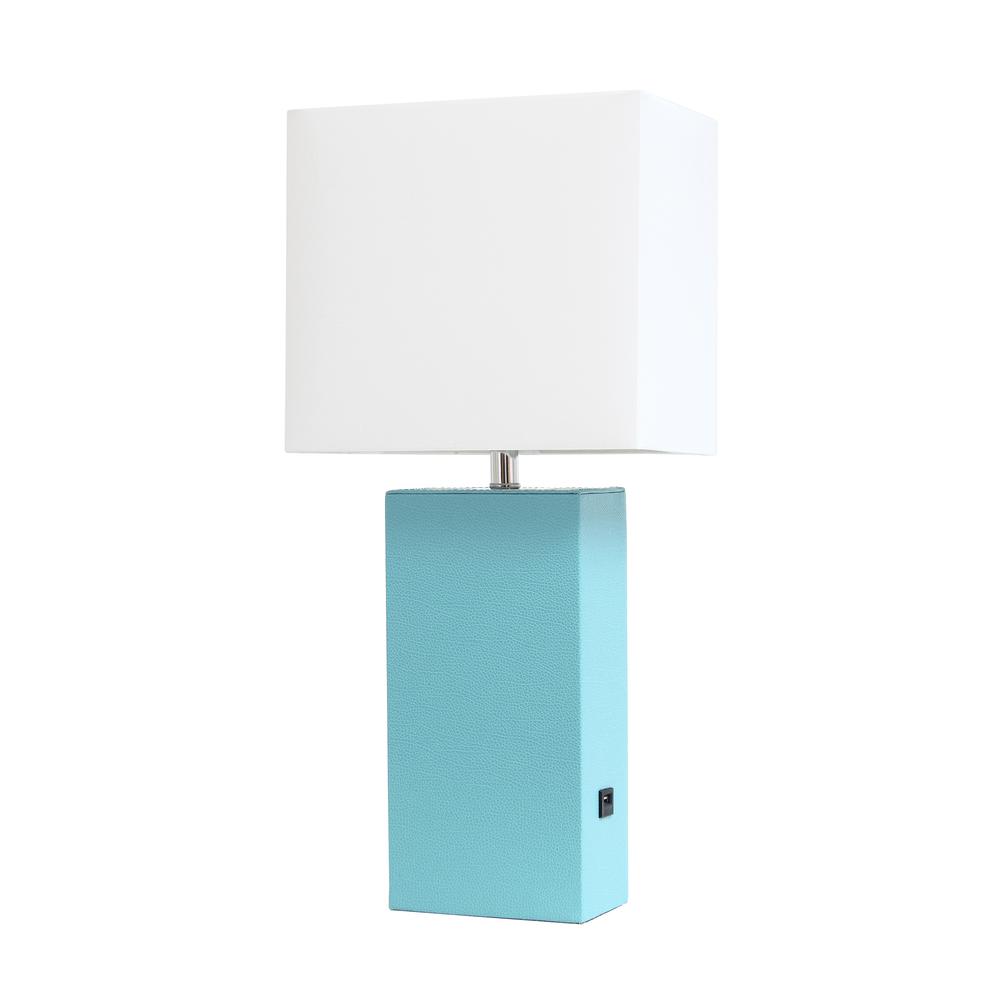 Modern Leather Table Lamp with USB and White Fabric Shade, Aqua - Elegant Designs