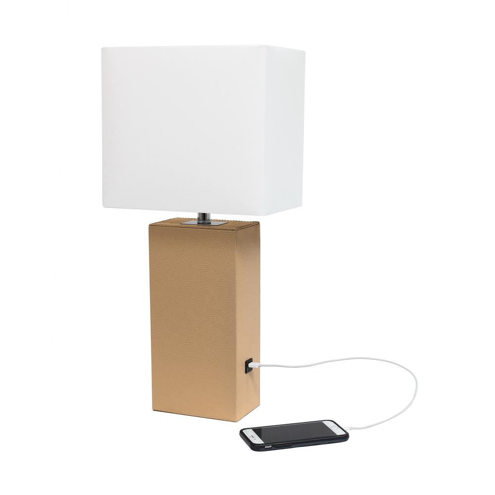 Modern Leather Table Lamp with USB and White Fabric Shade, Beige - Elegant Designs