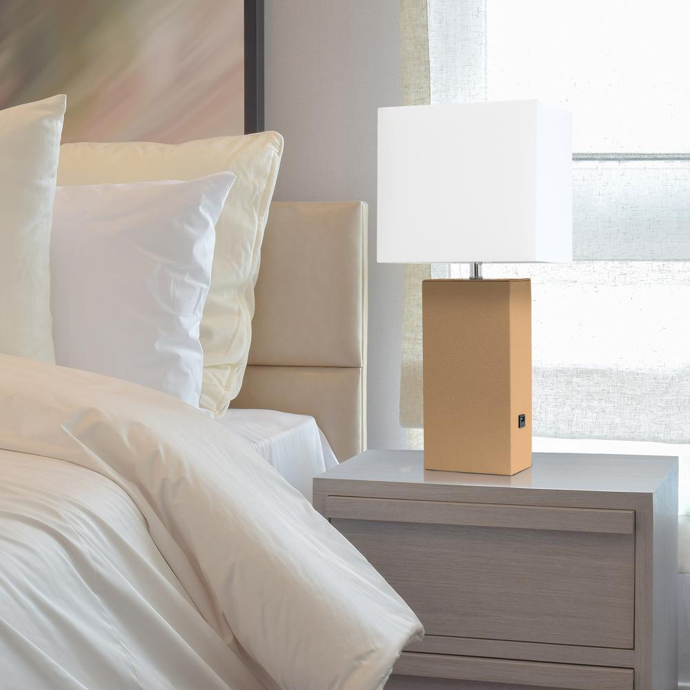 Modern Leather Table Lamp with USB and White Fabric Shade, Beige - Elegant Designs