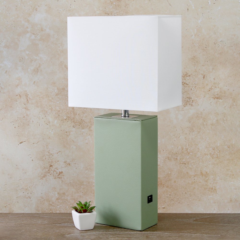 Modern Leather Table Lamp with USB and White Fabric Shade, Sage Green - Elegant Designs