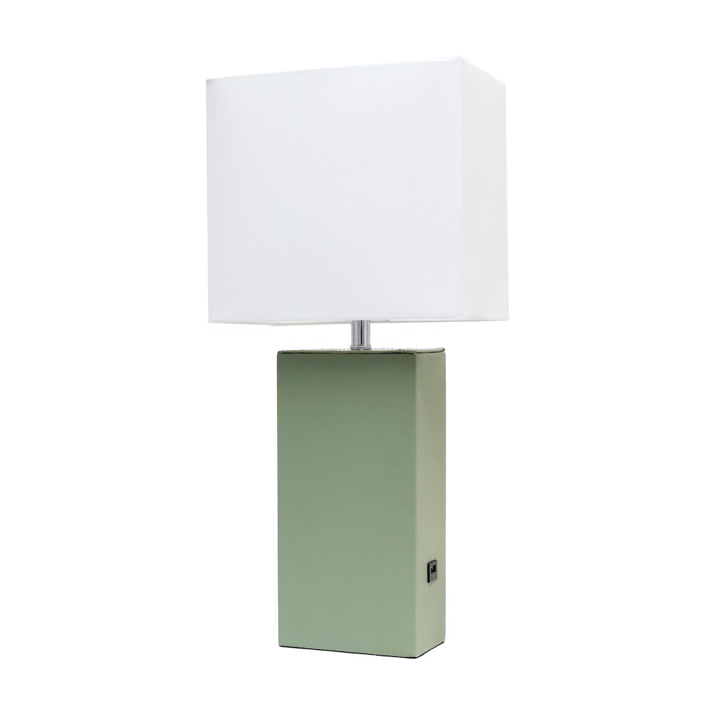 Modern Leather Table Lamp with USB and White Fabric Shade, Sage Green - Elegant Designs