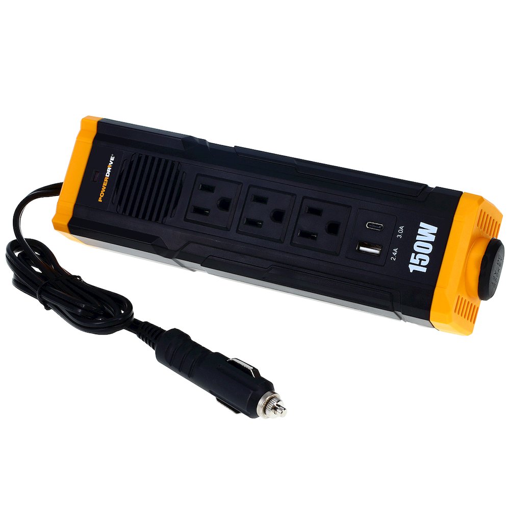 150W Car Power Inverter DC 12V to 110V AC Converter with 3 Charger Outlets and Dual USB Ports Cigarette Lighter Socket Adapter PWD150S - PowerDrive