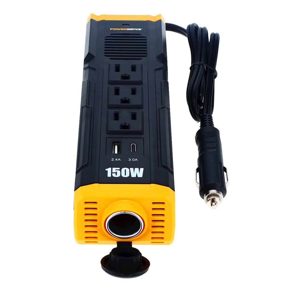 150W Car Power Inverter DC 12V to 110V AC Converter with 3 Charger Outlets and Dual USB Ports Cigarette Lighter Socket Adapter PWD150S - PowerDrive