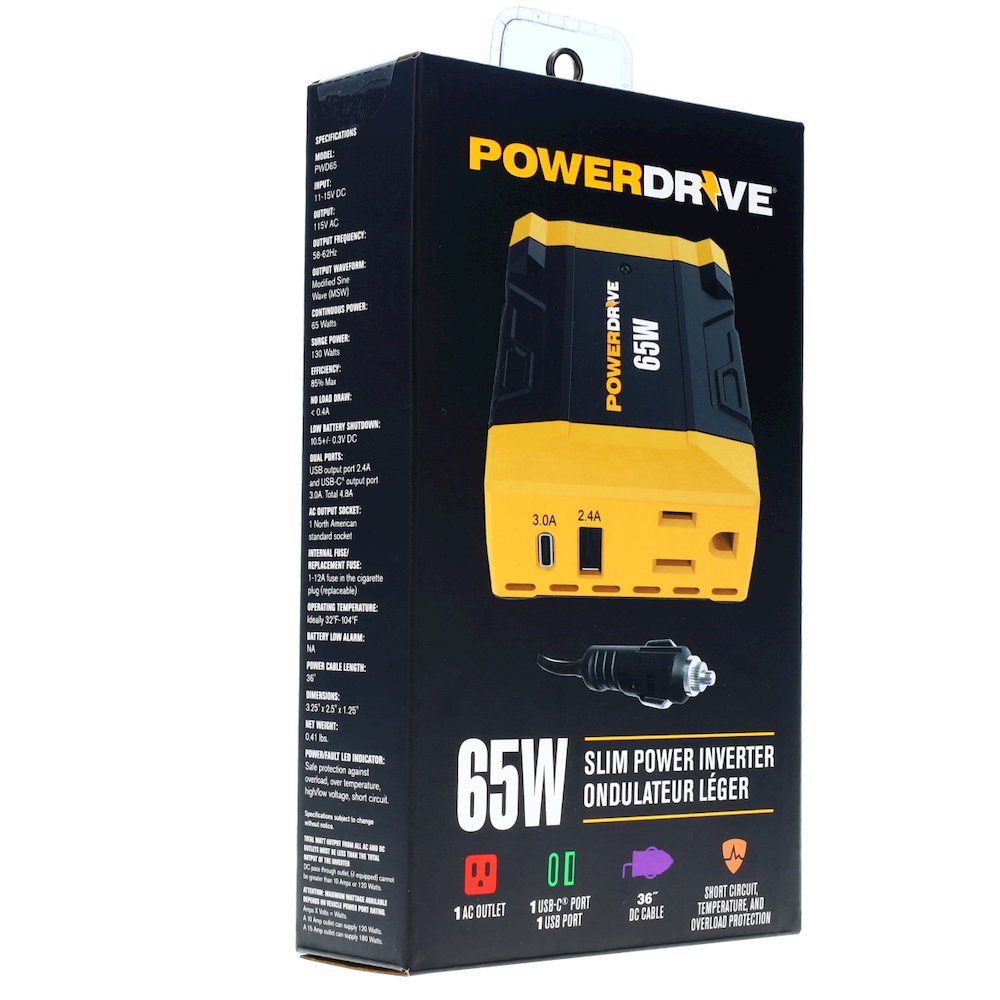 PowerDrive 65 Watt Power Inverter Slim 12v DC to 110v AC with Outlet and 2 Ports