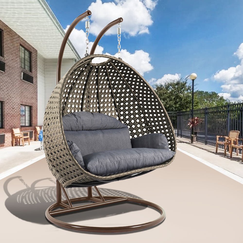 Beige Wicker Hanging 2 person Egg Swing Chair - LeisureMod