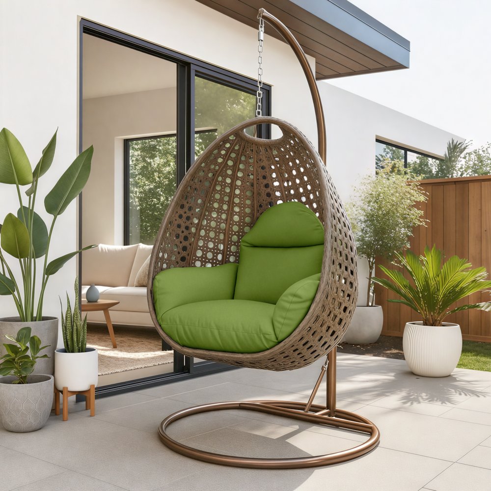 Beige Wicker Hanging Egg Swing Chair - LeisureMod
