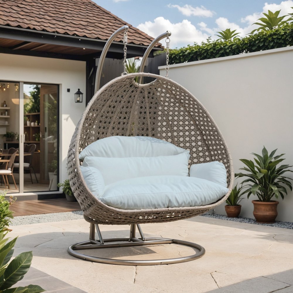 Beige Wicker Hanging 2 person Egg Swing Chair - LeisureMod