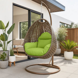Beige Wicker Hanging Egg Swing Chair - LeisureMod