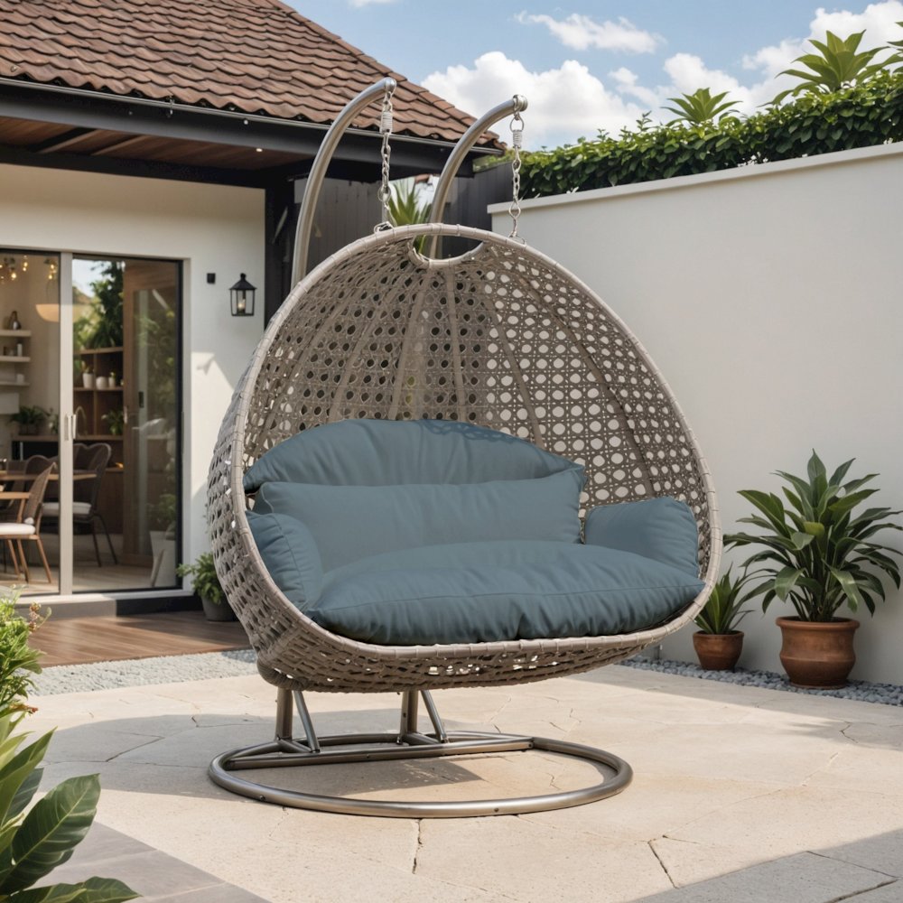 Beige Wicker Hanging 2 person Egg Swing Chair - LeisureMod