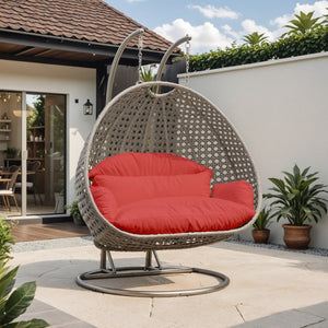 Beige Wicker Hanging 2 person Egg Swing Chair - LeisureMod