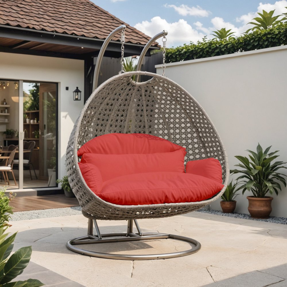Beige Wicker Hanging 2 person Egg Swing Chair - LeisureMod