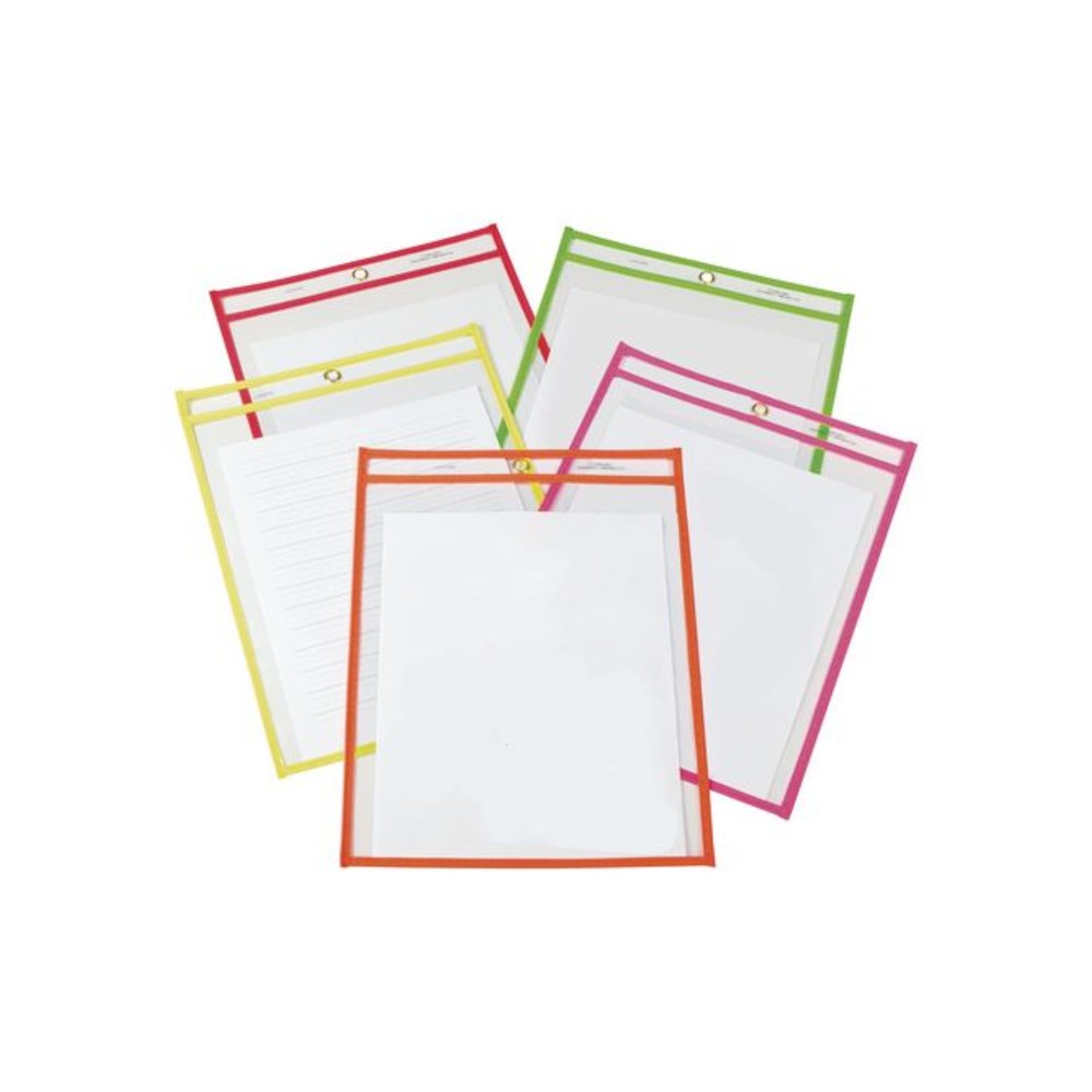 Reusable Dry Erase Pockets, Super Heavy-Duty, Top Load 9 x 12 Insert, Clear Front, Assorted Neon Border, 25/Box - C-Line