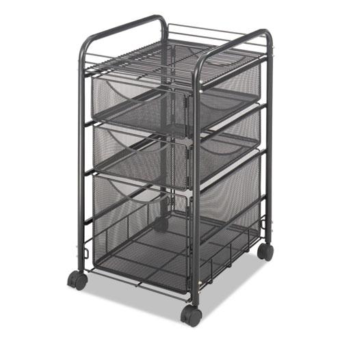 Onyx Mesh Mobile File with Two Supply Drawers, Metal, 1 Shelf, 3 Drawers, 15.75'' x 17'' x 27'', Black - Safco