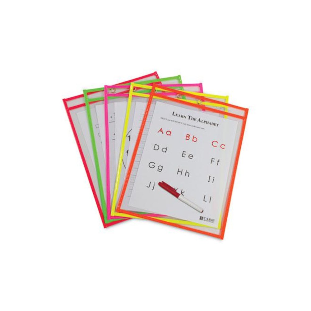 Reusable Dry Erase Pockets, Super Heavy-Duty, Top Load 9 x 12 Insert, Clear Front, Assorted Neon Border, 10/Pack - C-Line