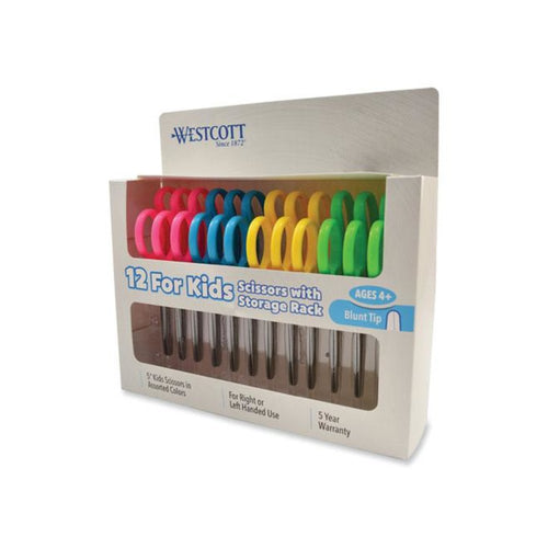 For Kids Scissors Teacher's Pack, Rounded Tip, 5'' Long, 1.75'' Cut Length, Straight Assorted Color Handles, 12/Pack - Westcott