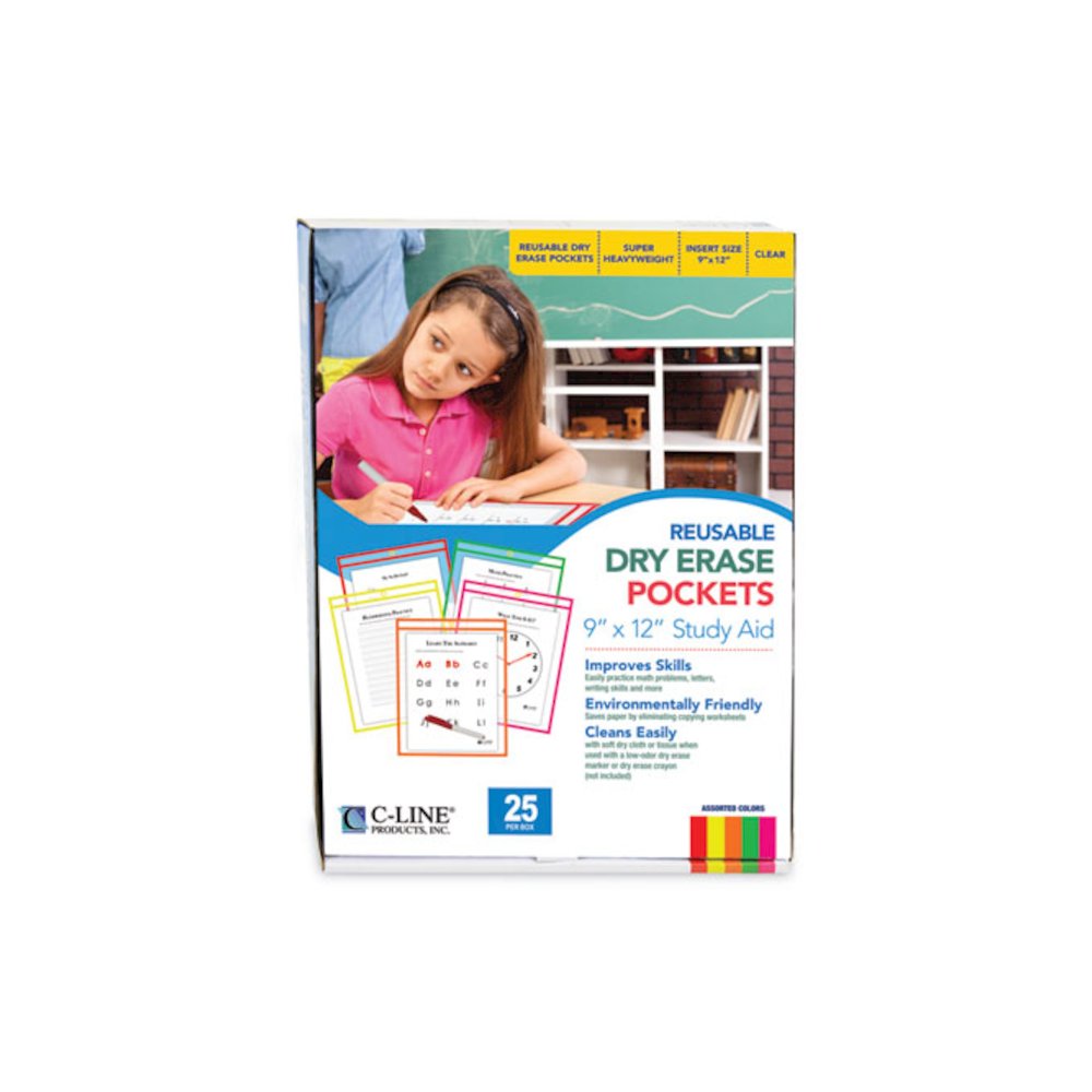 Reusable Dry Erase Pockets, Super Heavy-Duty, Top Load 9 x 12 Insert, Clear Front, Assorted Neon Border, 25/Box - C-Line