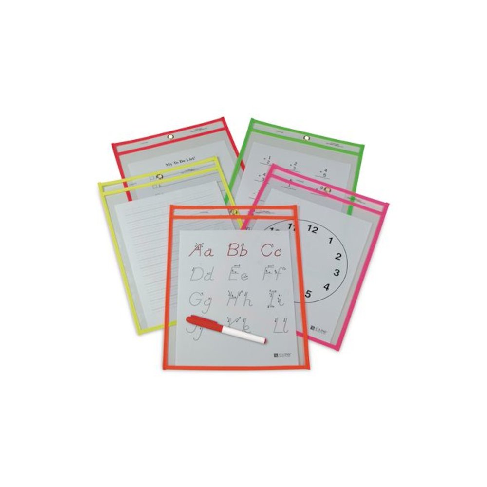 Reusable Dry Erase Pockets, Super Heavy-Duty, Top Load 9 x 12 Insert, Clear Front, Assorted Neon Border, 25/Box - C-Line