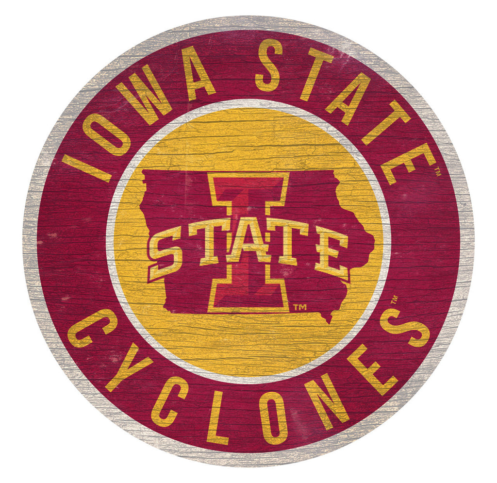 Iowa State Cyclones Sign Wood 12 Inch Round State Design - Fan Creations