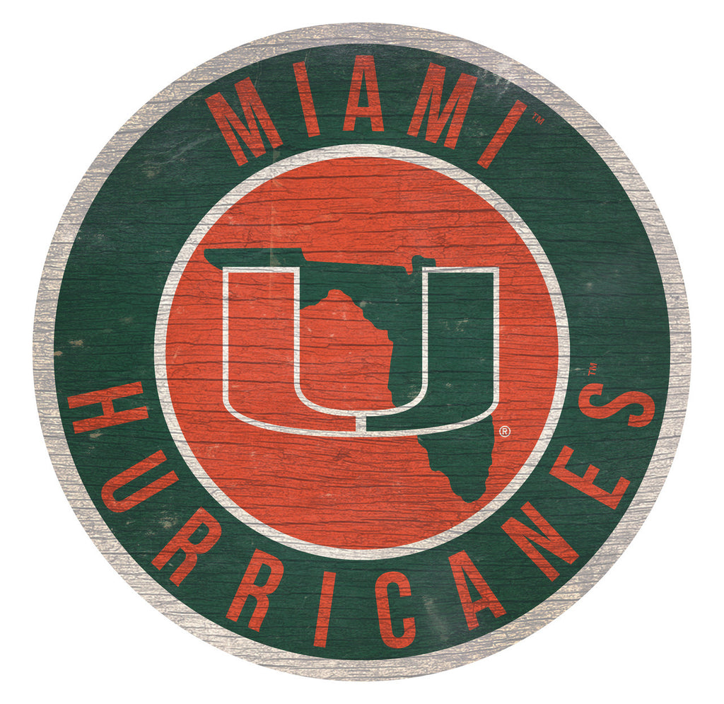 Miami Hurricanes Sign Wood 12 Inch Round State Design - Fan Creations
