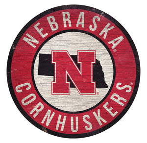 Nebraska Cornhuskers Sign Wood 12 Inch Round State Design - Fan Creations
