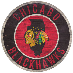 Chicago Blackhawks Sign Wood 12 Inch Round State Design - Fan Creations