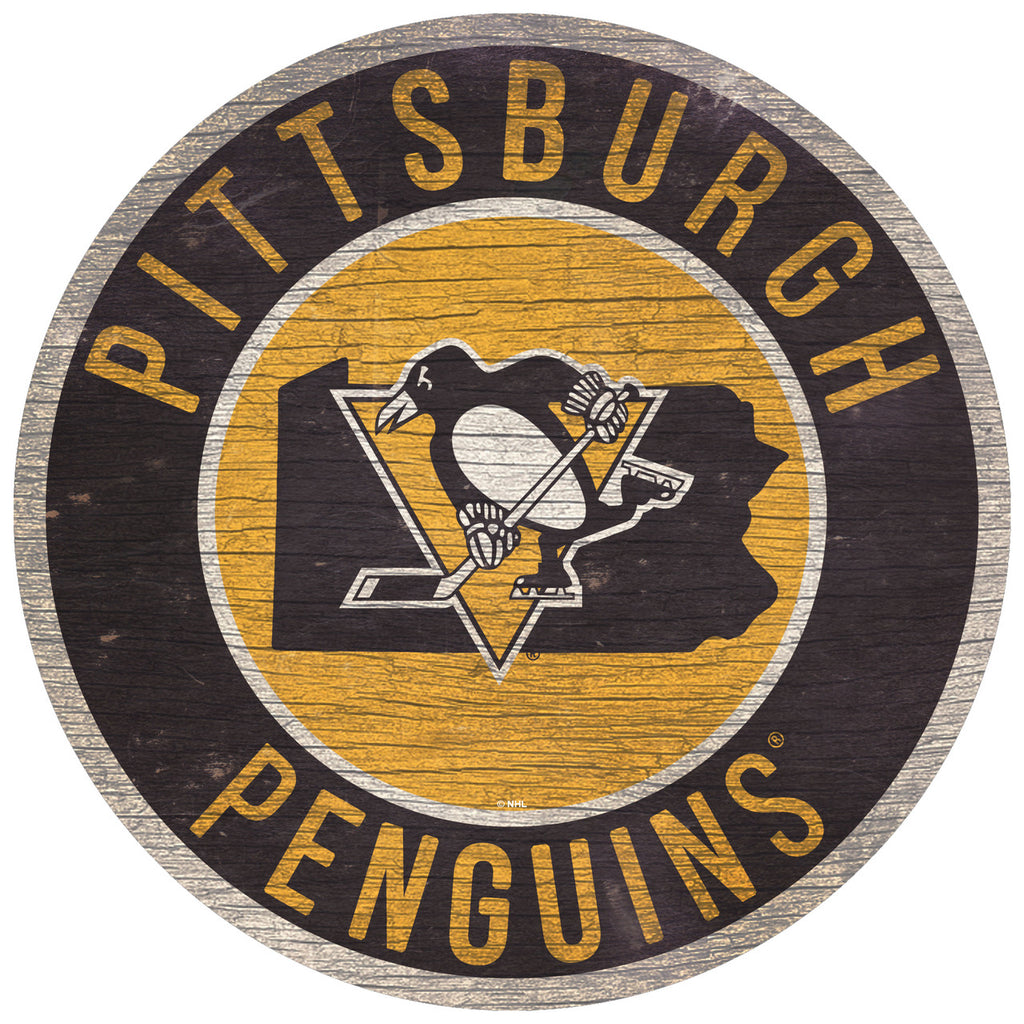 Pittsburgh Penguins Sign Wood 12 Inch Round State Design - Fan Creations