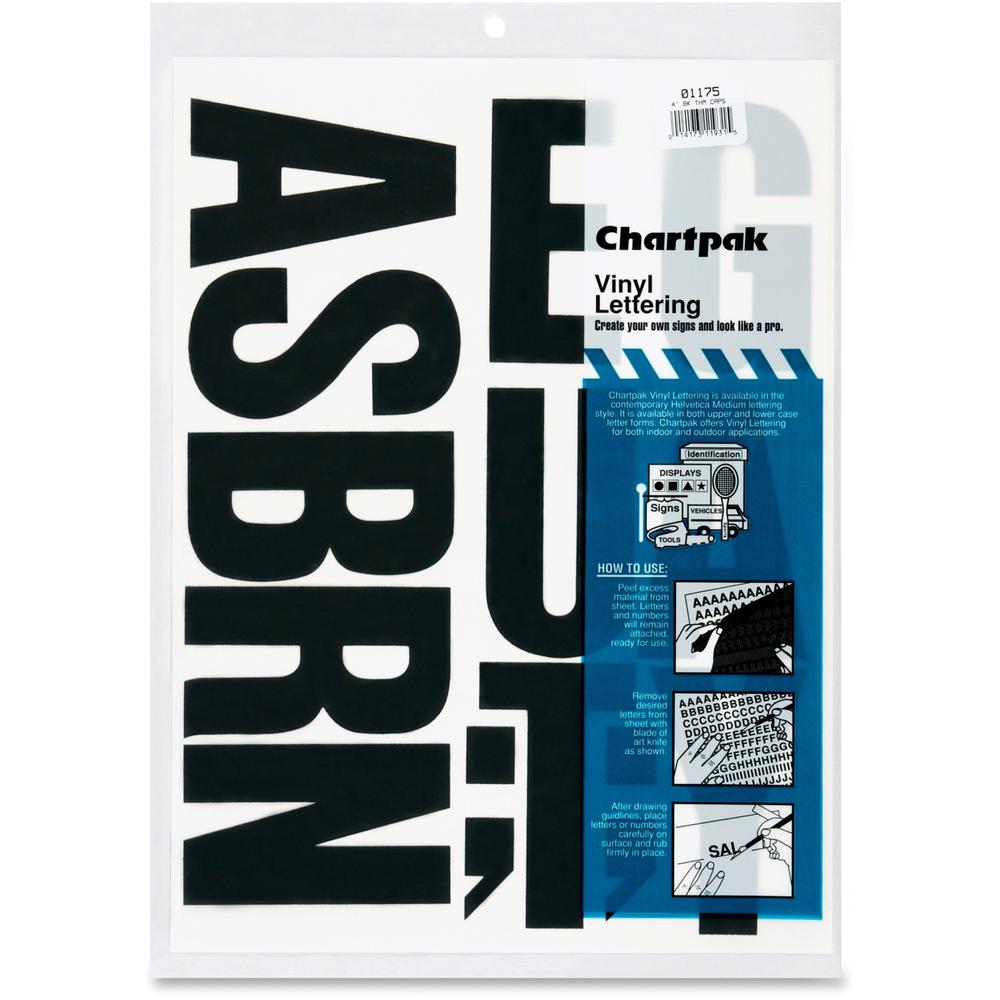 Chartpak Capital Letters - 58 x Capital Letters Shape - Self-adhesive - Helvetica Style - Easy to Use - 4'' Height - Black - Vinyl - 58 / Pack