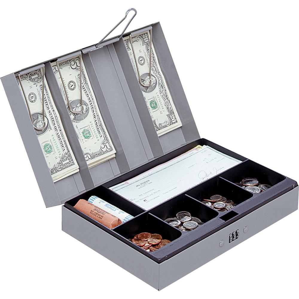 Sparco Steel Combination Lock Steel Cash Box - 6 Coin - Steel - Gray - 3.2'' Height x 11.5'' Width x 7.8'' Depth