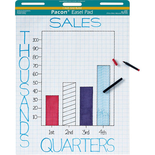 Pacon Grid Ruled Easel Pads - 50 Sheets - Stapled/Glued - Front Ruling Surface - Grid Ruled - 1'' Ruled - 27'' x 34'' - White Paper - Chipboard Cover - Perforated, Bond Paper - 50 / Pad