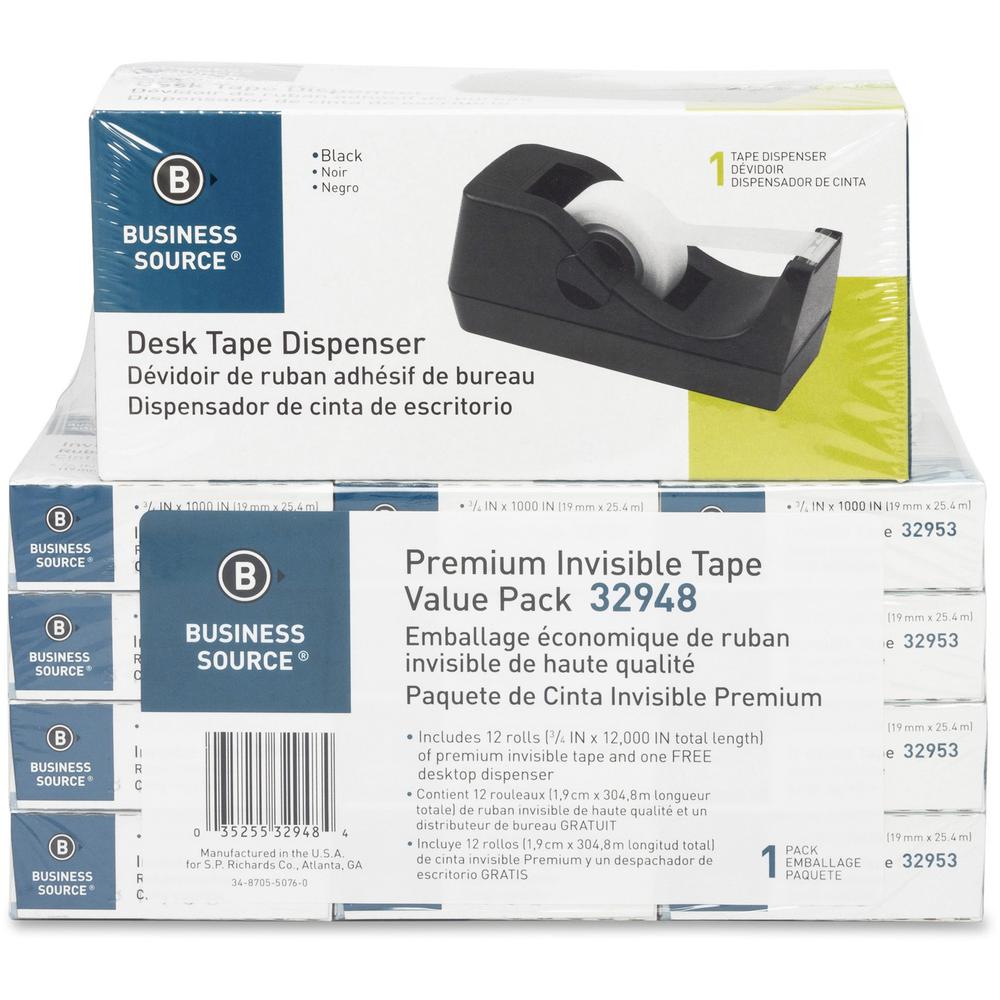 Business Source Invisible Tape Dispenser Value Pack - 27.78 yd Length x 0.75'' Width - 1'' Core - Clear - Acetate - Dispenser Included - Desktop Dispenser - For Multi Surface, Mending, Splicing, Holding