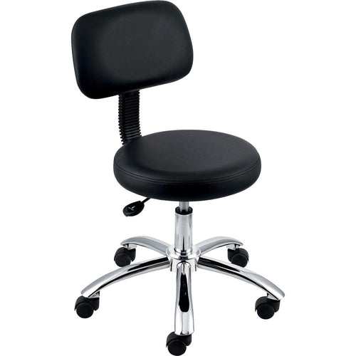 Lorell 16'' Round Seat Pneumatic-Lift Stool with Back - Vinyl Seat - 5-star Base - Black - 1 Each