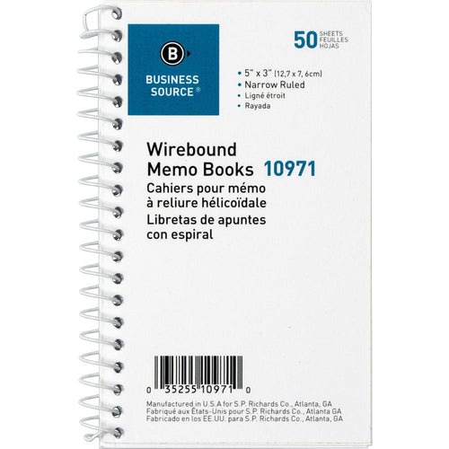 Business Source Side Wirebound Ruled Memo Book - 50 Sheet(s) - Wire Bound - 3'' x 5'' Sheet Size - White - 1 Dozen