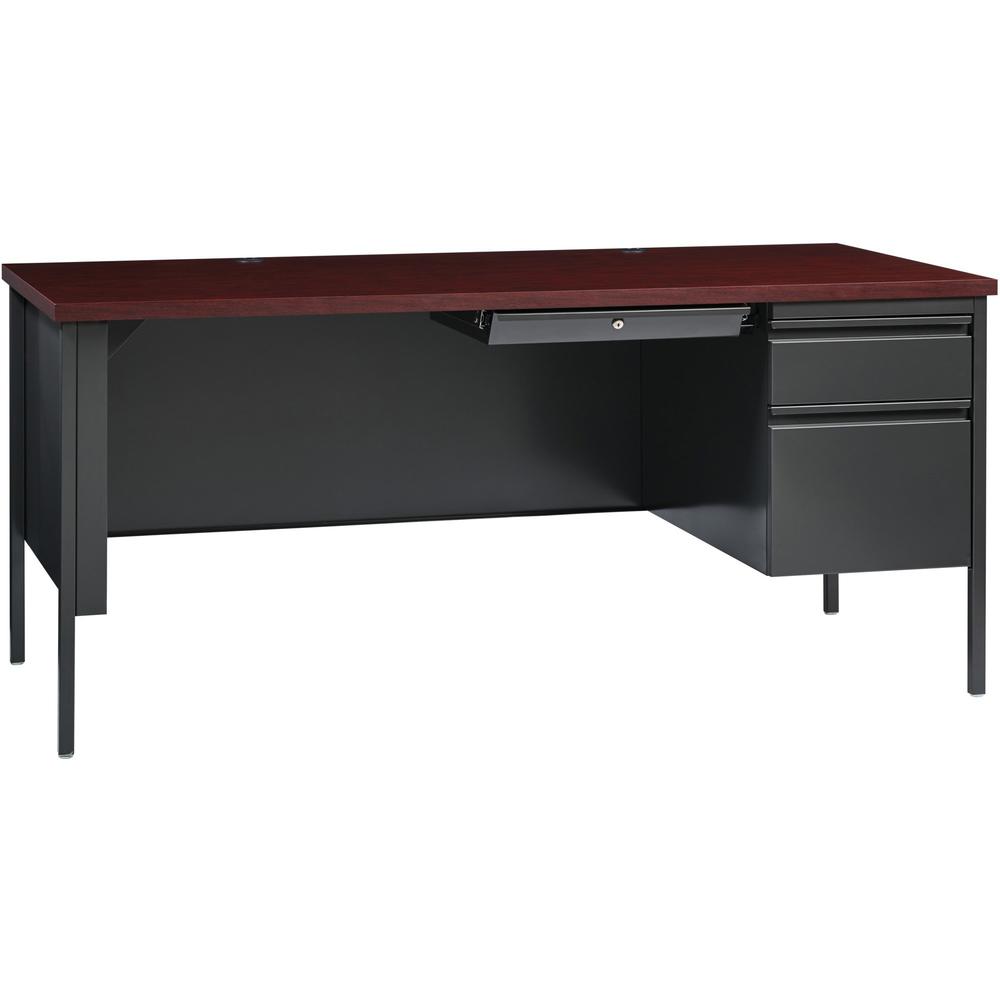 Lorell Fortress Series 66'' Right-Pedestal Desk - Rectangle Top - 66'' Table Top Width x 30'' Table Top Depth x 1.12'' Table Top Thickness - 29.50'' HeightAssembly Required - Laminated, Mahogany - Steel -