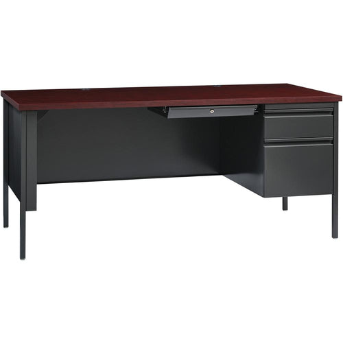 Lorell Fortress Series 66'' Right-Pedestal Desk - Rectangle Top - 66'' Table Top Width x 30'' Table Top Depth x 1.12'' Table Top Thickness - 29.50'' HeightAssembly Required - Laminated, Mahogany - Steel -