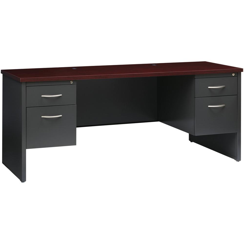 Lorell Fortress Modular Series Double-pedestal Credenza - 72'' x 24'' , 1.1'' Top - 2 x Box, File Drawer(s) - Double Pedestal - Material: Steel - Finish: Mahogany Laminate, Charcoal - Scratch Resistant,