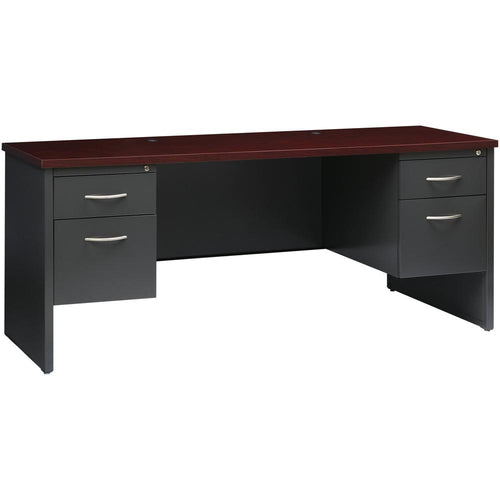 Lorell Fortress Modular Series Double-pedestal Credenza - 72'' x 24'' , 1.1'' Top - 2 x Box, File Drawer(s) - Double Pedestal - Material: Steel - Finish: Mahogany Laminate, Charcoal - Scratch Resistant,