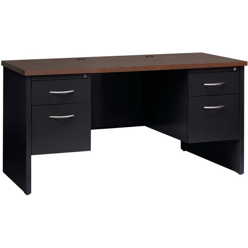 Lorell Fortress Modular Series Double-pedestal Credenza - 60'' x 24'' , 1.1'' Top - 2 x Box, File Drawer(s) - Double Pedestal - Material: Steel - Finish: Walnut Laminate, Black - Scratch Resistant, Stain