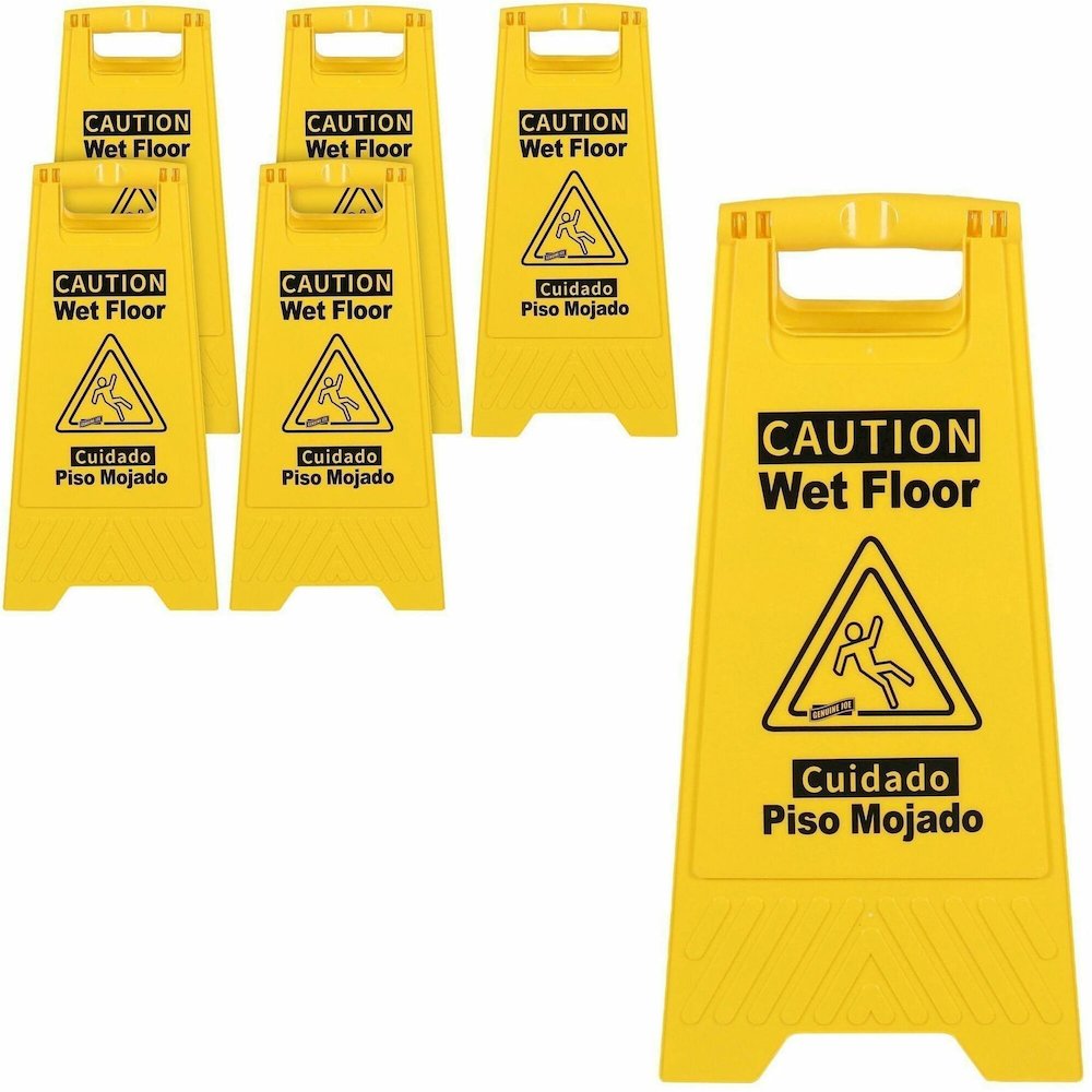 Genuine Joe Universal Graphic Wet Floor Sign - English, Spanish - Print/Message ''Wet Floor'' - Foldable - Yellow - 2 / Carton