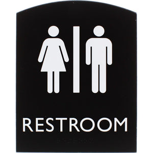 Lorell Arched Unisex Restroom Sign - 6.8'' Width x 8.5'' Height - Rectangular Shape - Surface-mountable - Easy Readability, Braille - Plastic - Black - 1 Each