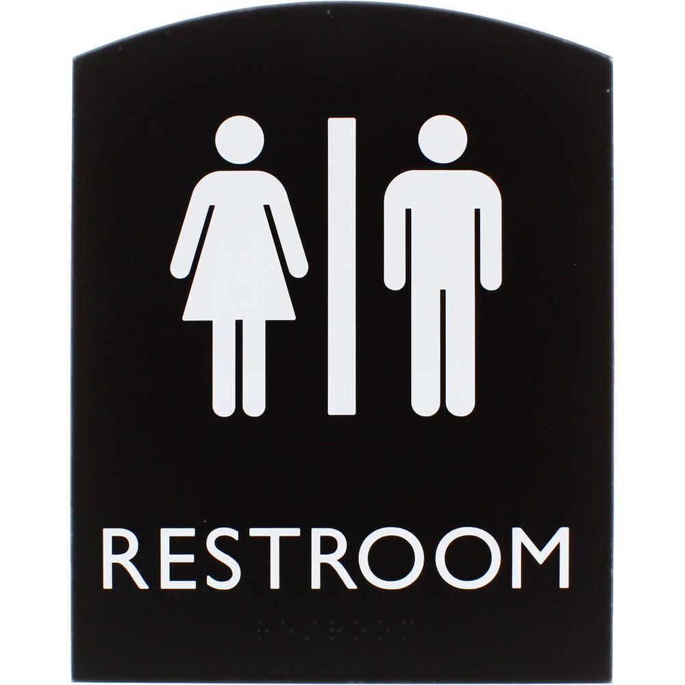 Lorell Arched Unisex Restroom Sign - 6.8'' Width x 8.5'' Height - Rectangular Shape - Surface-mountable - Easy Readability, Braille - Plastic - Black - 1 Each