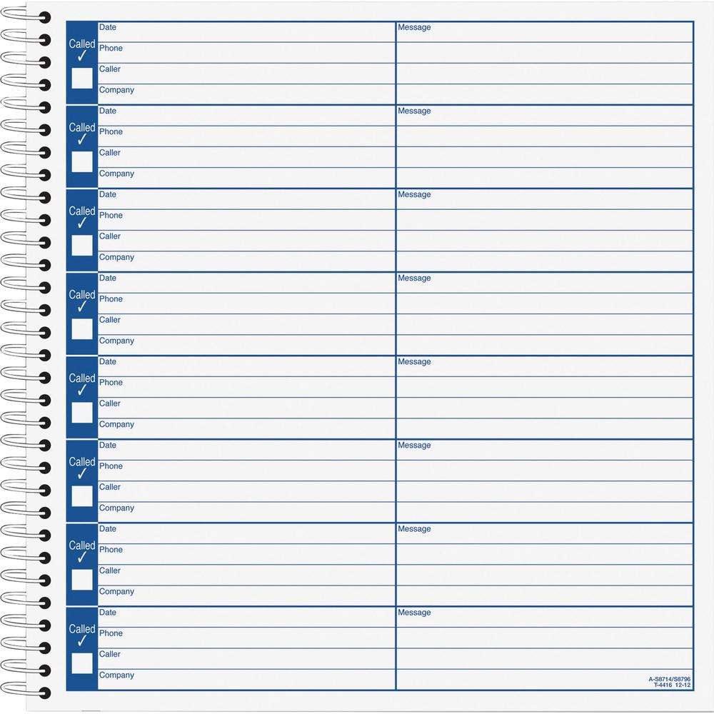 Adams Voice Mail Log Book - 60 Sheet(s) - Spiral Bound - 7.50'' x 8.50'' Sheet Size - 2 / Pack