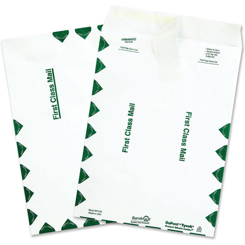 Survivor 9 x 12 DuPont Tyvek First Class Border Mailers with Self-Seal Closure - First Class Mail - #10 1/2 - 9'' Width x 12'' Length - 14 lb - Peel & Seal - Tyvek - 100 / Box - White - SURVIVOR